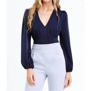 ADELYN RAE johanna pintucked bodysuit in navy Women’s size XS SOLD AS IS